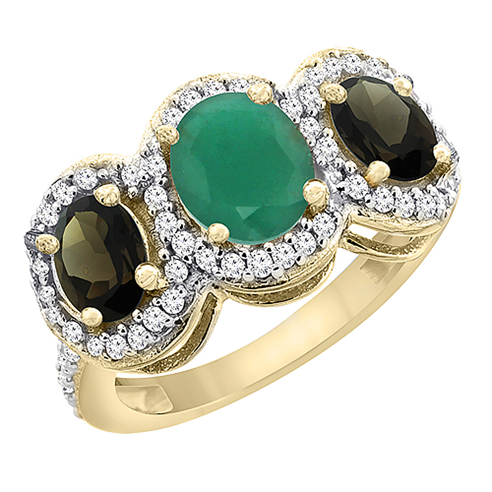 10K Yellow Gold Natural Emerald &amp; Smoky Topaz 3-Stone Ring Oval Diamond Accent, sizes 5 - 10