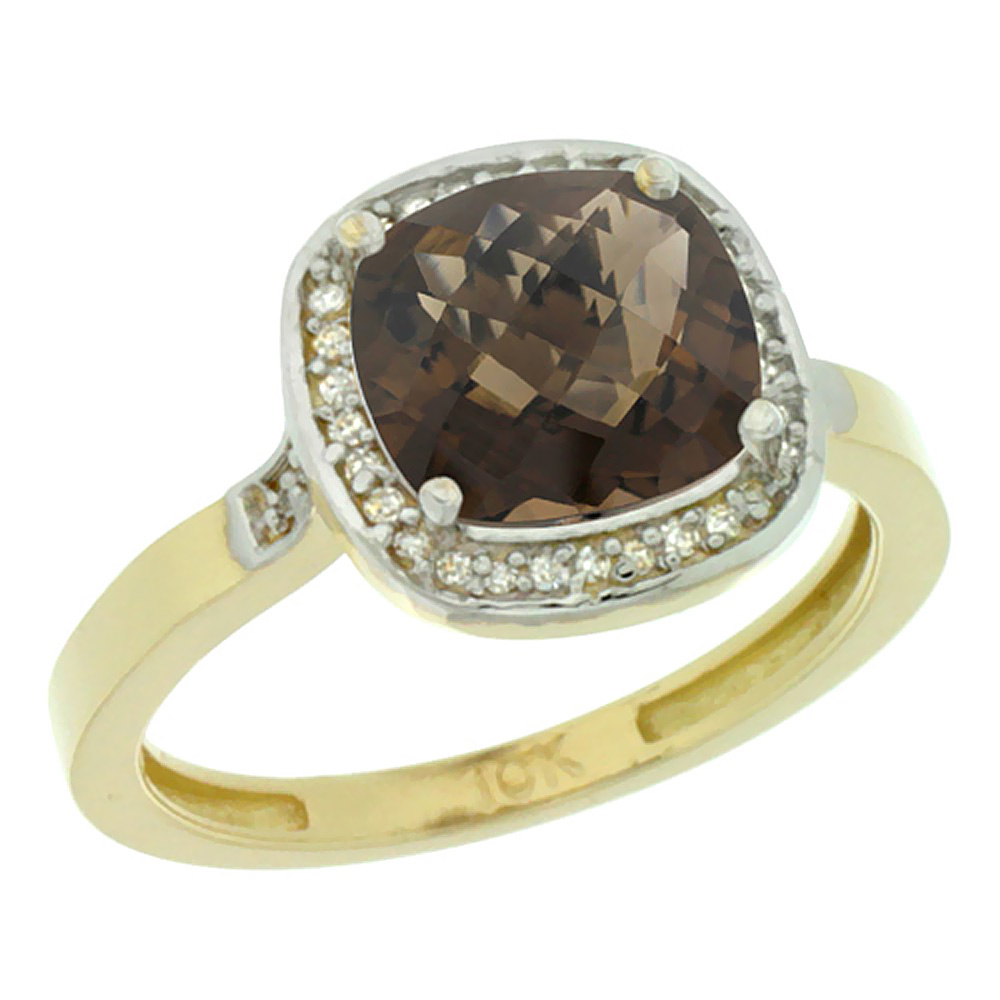 10K Yellow Gold Diamond Natural Smoky Topaz Ring Cushion-cut 8x8mm, sizes 5-10