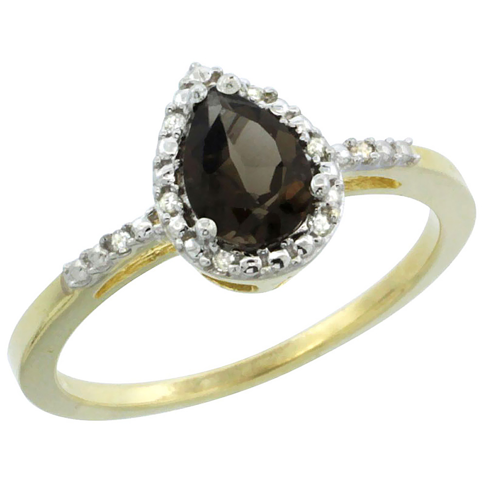 10K Yellow Gold Diamond Natural Smoky Topaz Ring Pear 7x5mm, sizes 5-10