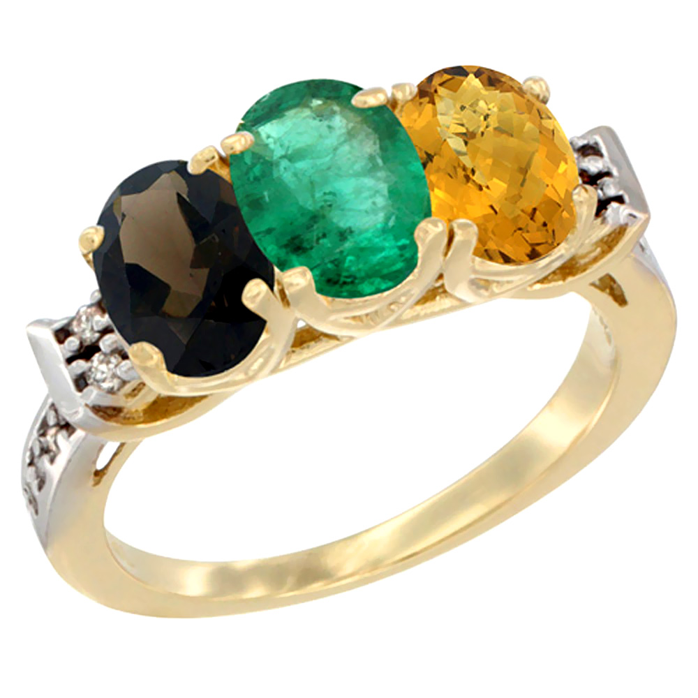 14K Yellow Gold Natural Smoky Topaz, Emerald & Whisky Quartz Ring 3-Stone Oval 7x5 mm Diamond Accent, sizes 5 - 10