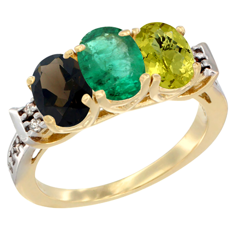 10K Yellow Gold Natural Smoky Topaz, Emerald & Lemon Quartz Ring 3-Stone Oval 7x5 mm Diamond Accent, sizes 5 - 10