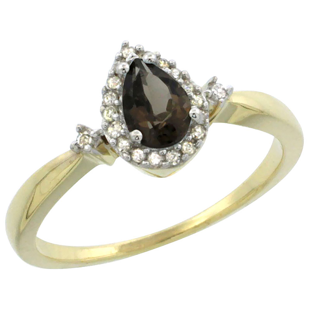 14K Yellow Gold Diamond Natural Smoky Topaz Ring Pear 6x4mm, sizes 5-10