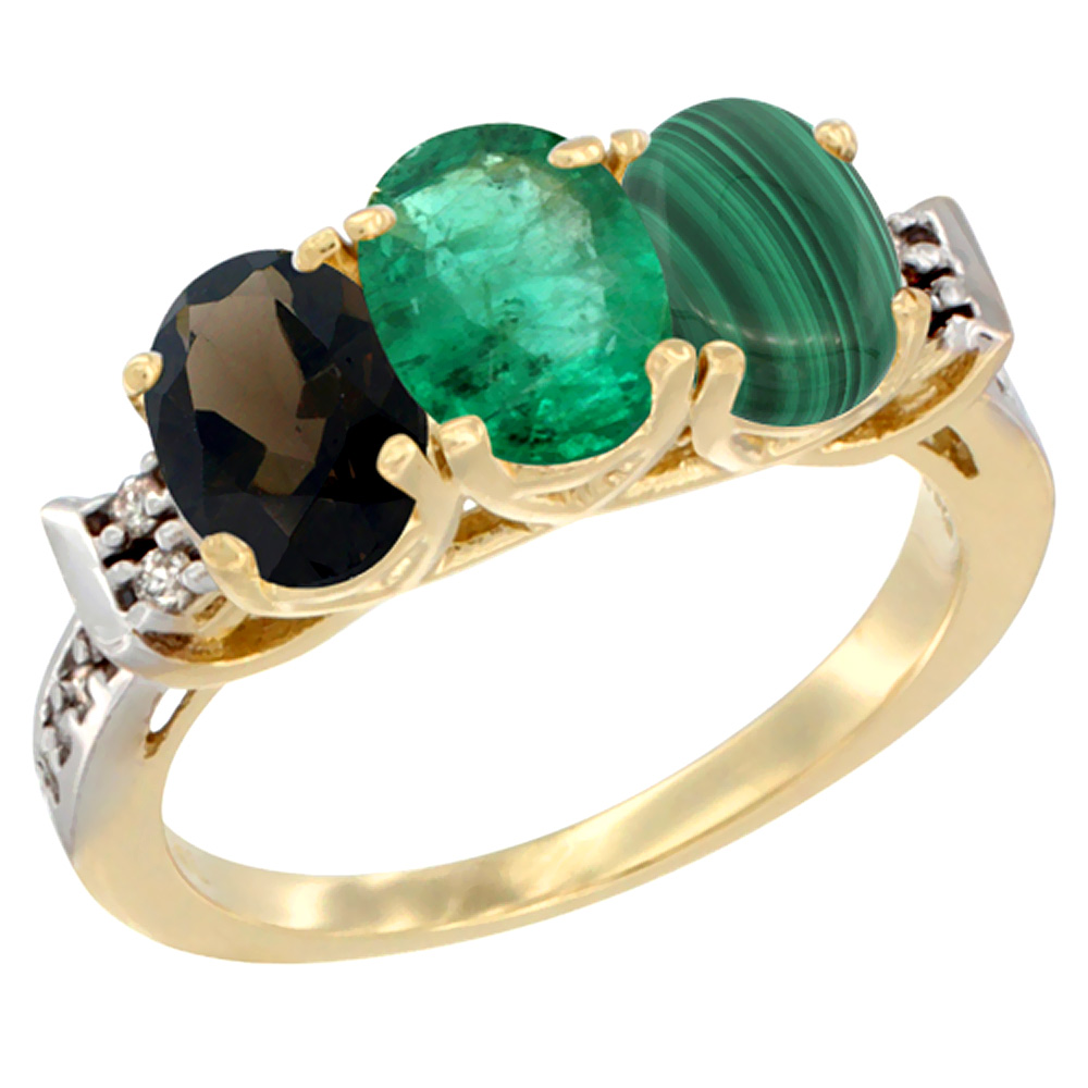 10K Yellow Gold Natural Smoky Topaz, Emerald & Malachite Ring 3-Stone Oval 7x5 mm Diamond Accent, sizes 5 - 10