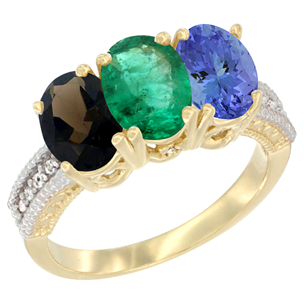 14K Yellow Gold Natural Smoky Topaz, Emerald &amp; Tanzanite Ring 3-Stone 7x5 mm Oval Diamond Accent, sizes 5 - 10