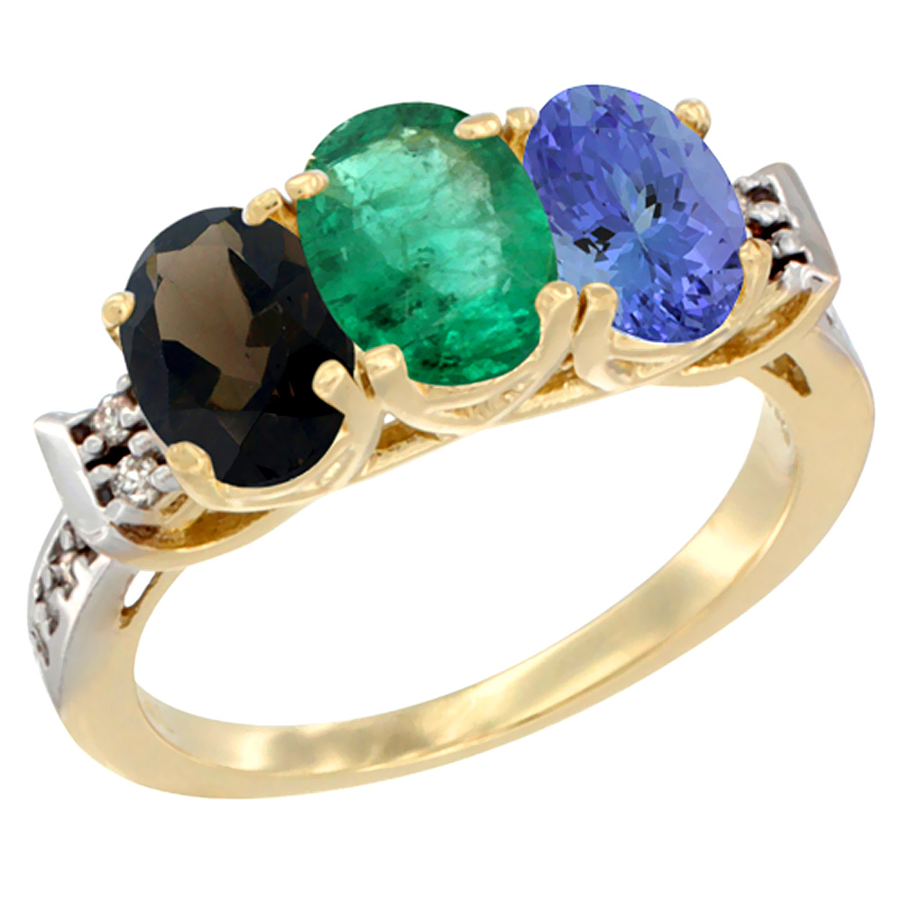 10K Yellow Gold Natural Smoky Topaz, Emerald & Tanzanite Ring 3-Stone Oval 7x5 mm Diamond Accent, sizes 5 - 10
