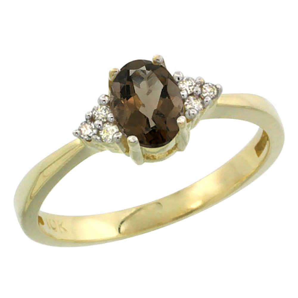 10K Yellow Gold Natural Smoky Topaz Ring Oval 6x4mm Diamond Accent, sizes 5-10