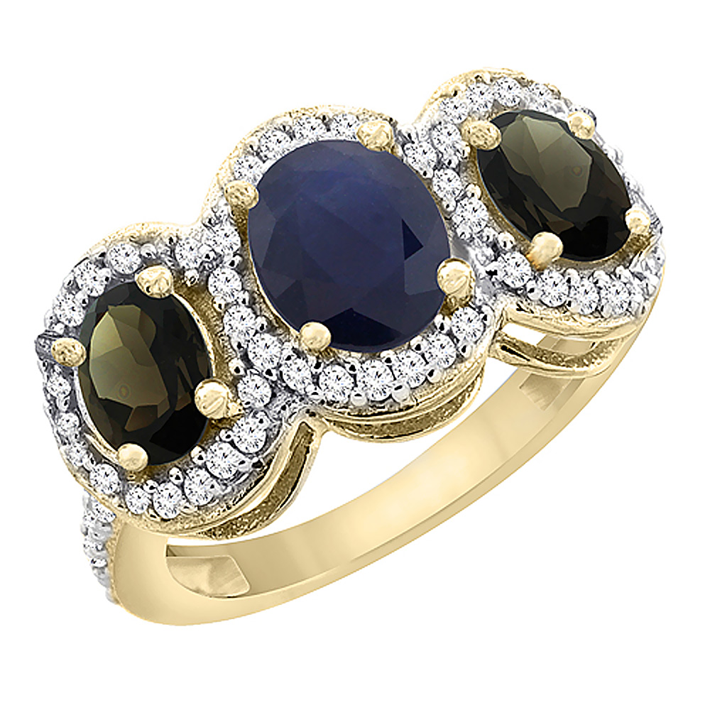 14K Yellow Gold Natural Blue Sapphire & Smoky Topaz 3-Stone Ring Oval Diamond Accent, sizes 5 - 10