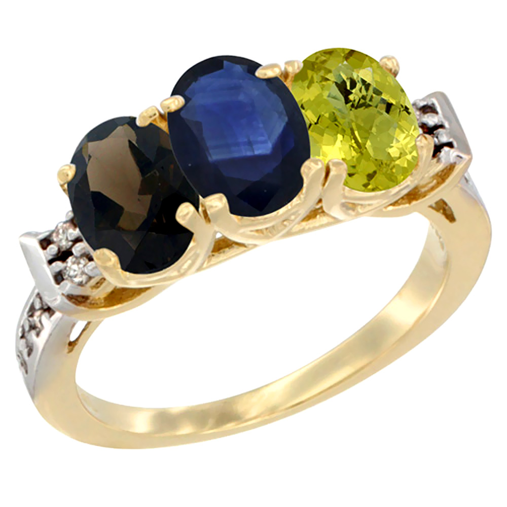 14K Yellow Gold Natural Smoky Topaz, Blue Sapphire & Lemon Quartz Ring 3-Stone Oval 7x5 mm Diamond Accent, sizes 5 - 10