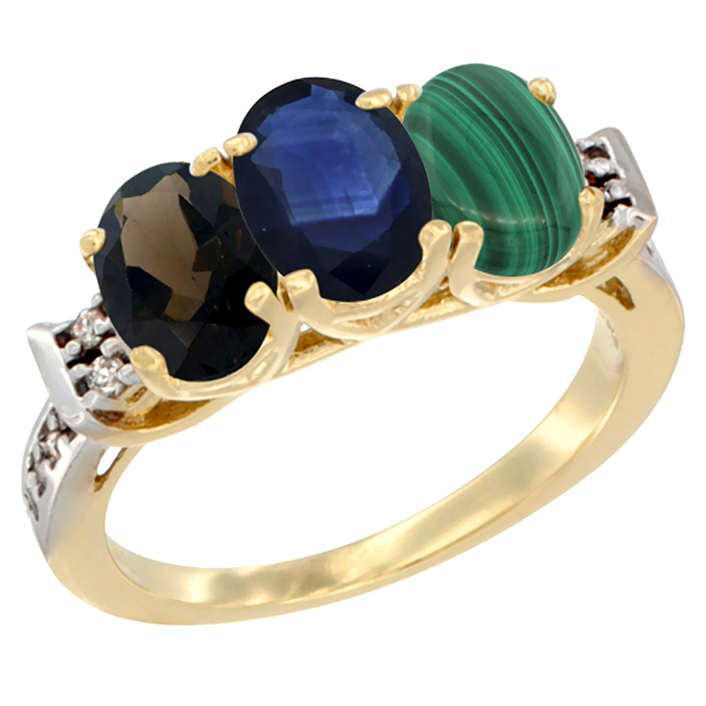 14K Yellow Gold Natural Smoky Topaz, Blue Sapphire & Malachite Ring 3-Stone Oval 7x5 mm Diamond Accent, sizes 5 - 10