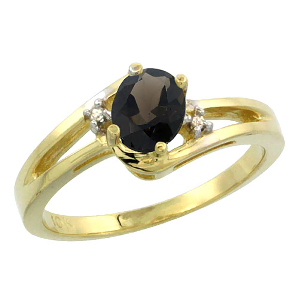 14K Yellow Gold Diamond Natural Smoky Topaz Ring Oval 6x4 mm, sizes 5-10