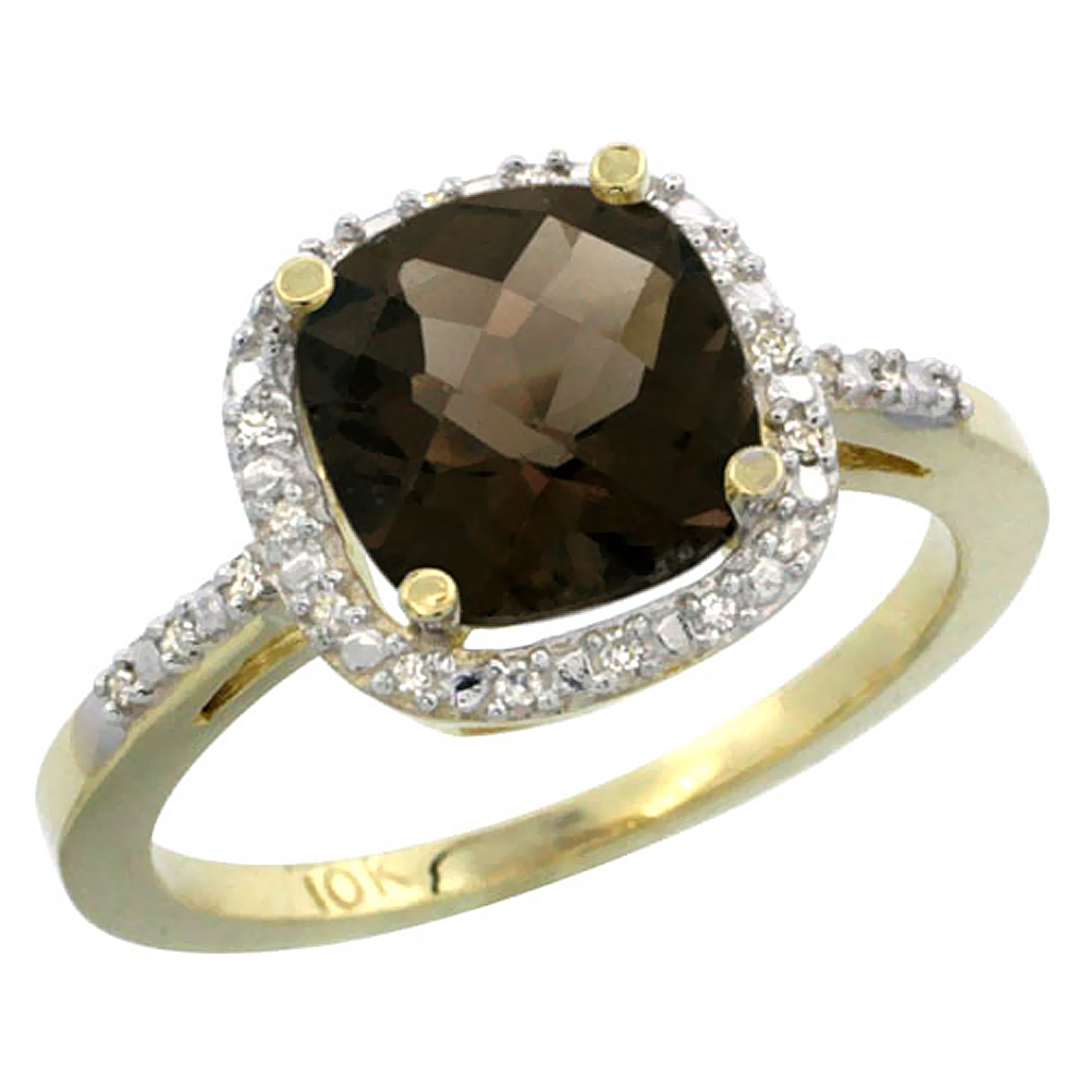 14K Yellow Gold Natural Smoky Topaz Ring Cushion-cut 8x8mm Diamond Accent, sizes 5-10