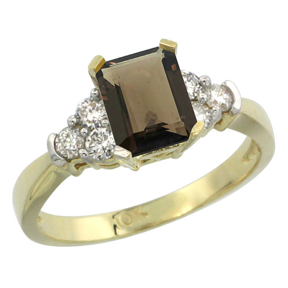 14K Yellow Gold Natural Smoky Topaz Ring Octagon 7x5mm Diamond Accent, sizes 5-10