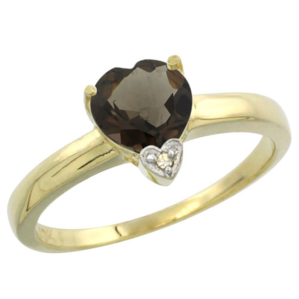 10K Yellow Gold Natural Smoky Topaz Heart 7x7mm Diamond Accent, sizes 5-10