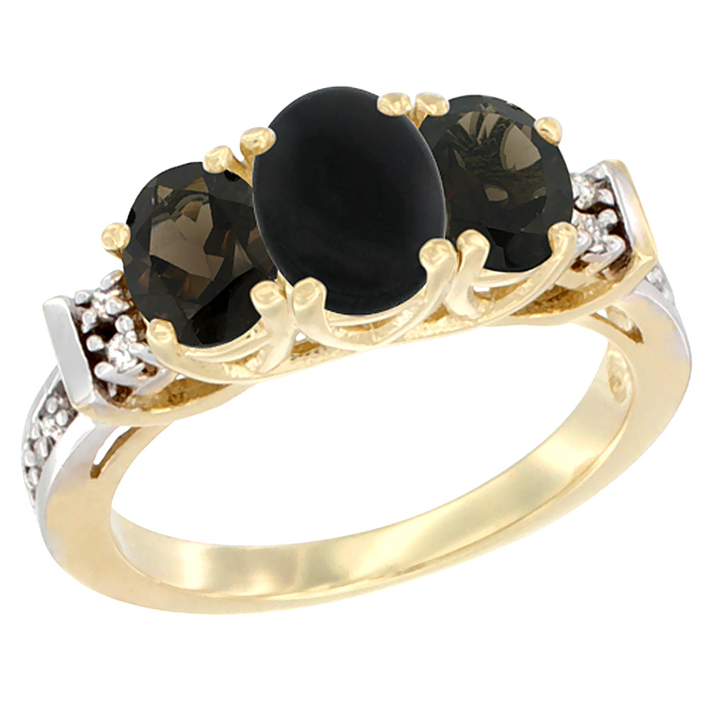 14K Yellow Gold Natural Black Onyx &amp; Smoky Topaz Ring 3-Stone Oval Diamond Accent