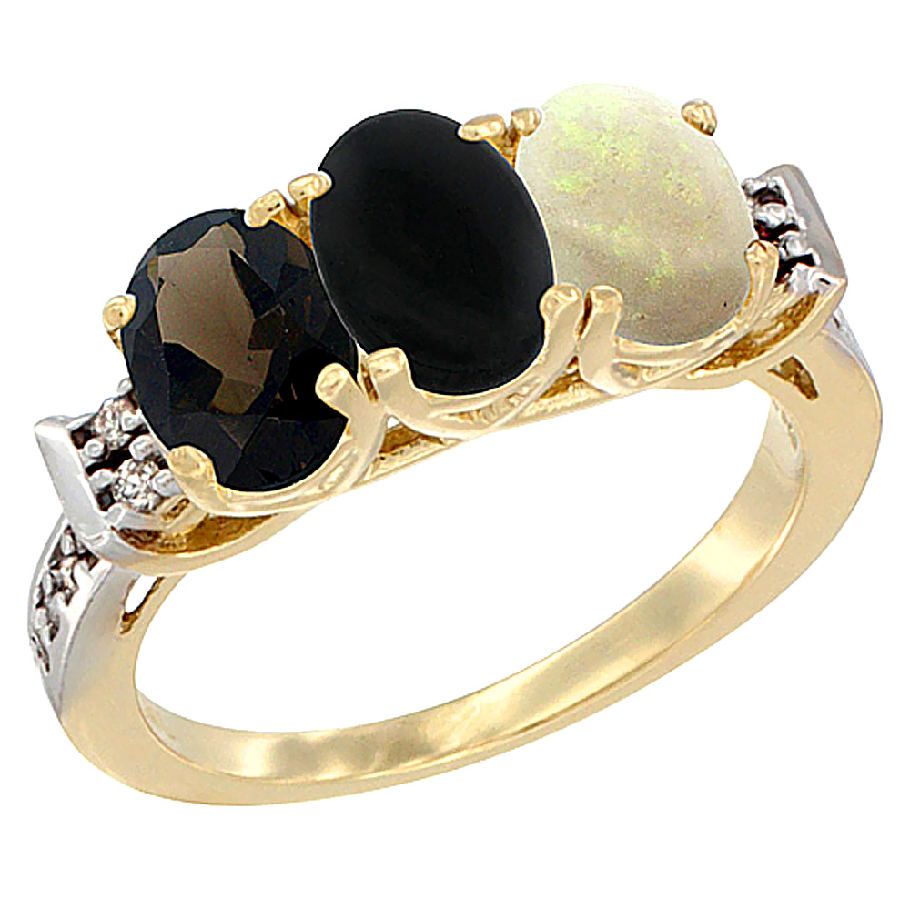 14K Yellow Gold Natural Smoky Topaz, Black Onyx &amp; Opal Ring 3-Stone Oval 7x5 mm Diamond Accent, sizes 5 - 10