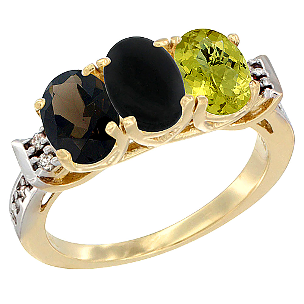 14K Yellow Gold Natural Smoky Topaz, Black Onyx & Lemon Quartz Ring 3-Stone Oval 7x5 mm Diamond Accent, sizes 5 - 10