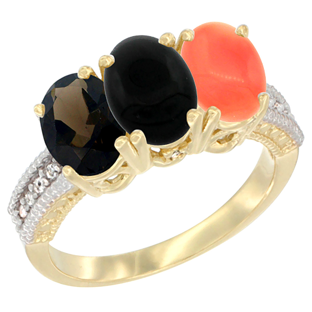 10K Yellow Gold Diamond Natural Smoky Topaz, Black Onyx & Coral Ring 3-Stone 7x5 mm Oval, sizes 5 - 10