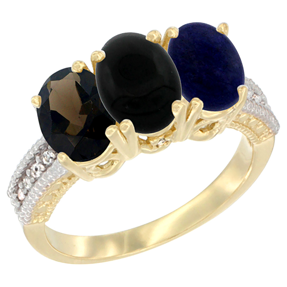 10K Yellow Gold Diamond Natural Smoky Topaz, Black Onyx & Lapis Ring 3-Stone 7x5 mm Oval, sizes 5 - 10