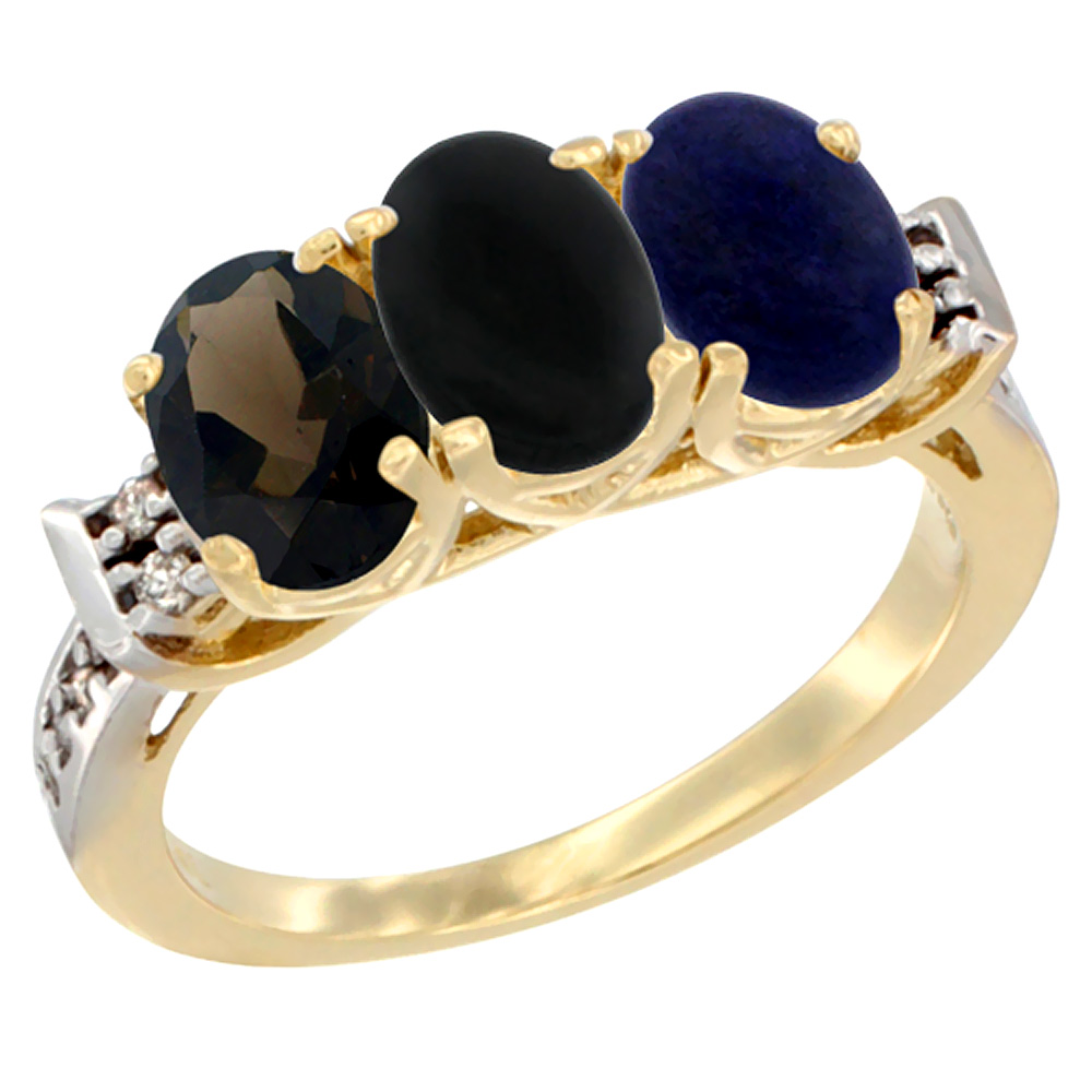 14K Yellow Gold Natural Smoky Topaz, Black Onyx & Lapis Ring 3-Stone Oval 7x5 mm Diamond Accent, sizes 5 - 10