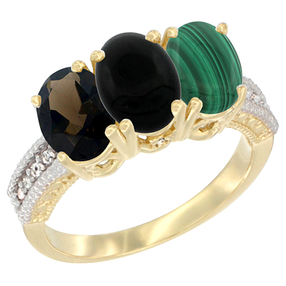 10K Yellow Gold Diamond Natural Smoky Topaz, Black Onyx & Malachite Ring 3-Stone 7x5 mm Oval, sizes 5 - 10