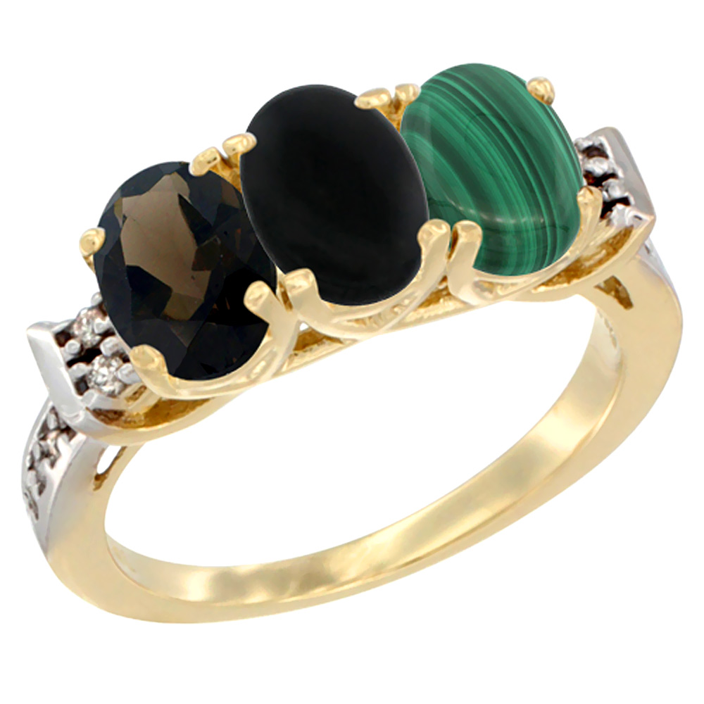 10K Yellow Gold Natural Smoky Topaz, Black Onyx & Malachite Ring 3-Stone Oval 7x5 mm Diamond Accent, sizes 5 - 10