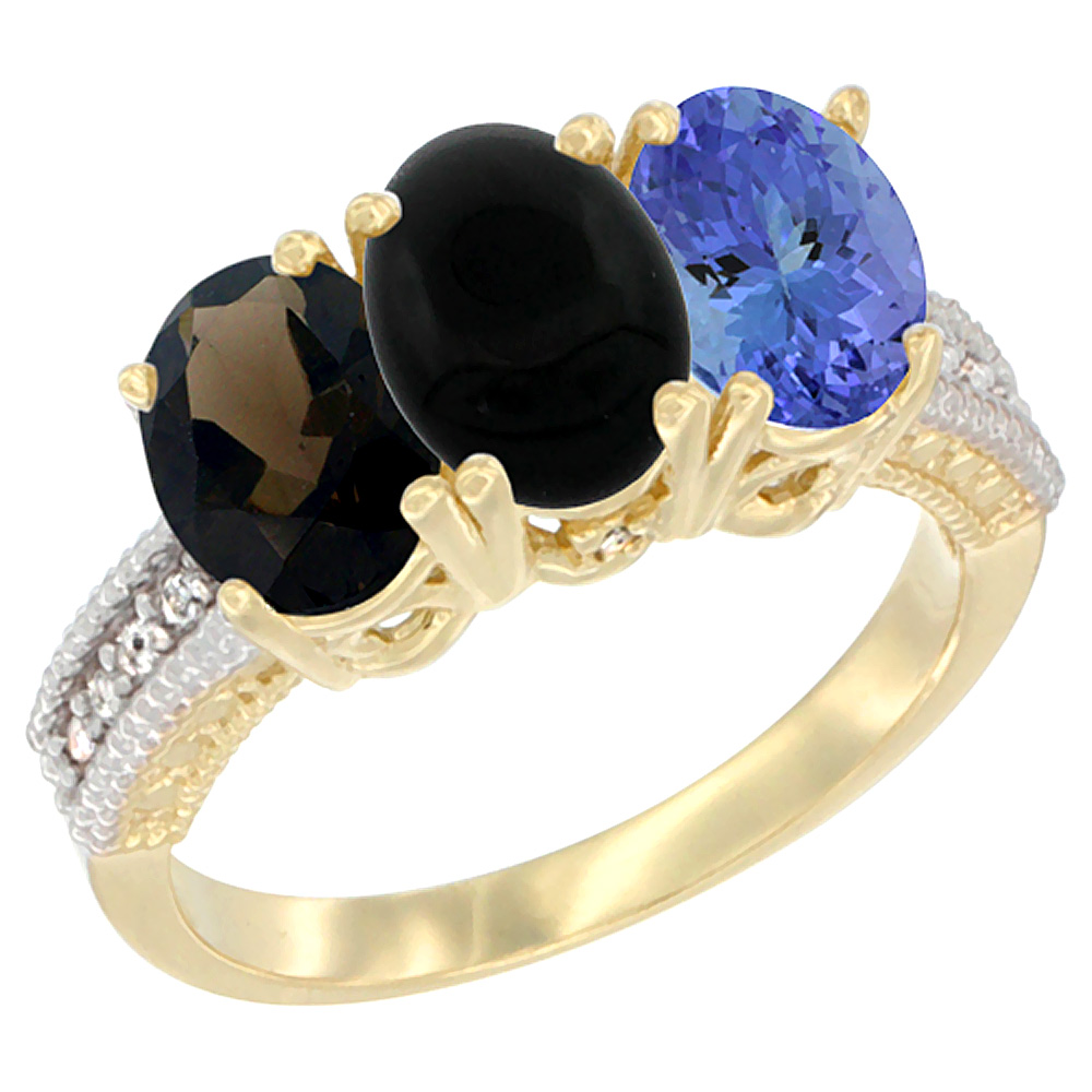 10K Yellow Gold Diamond Natural Smoky Topaz, Black Onyx & Tanzanite Ring 3-Stone 7x5 mm Oval, sizes 5 - 10