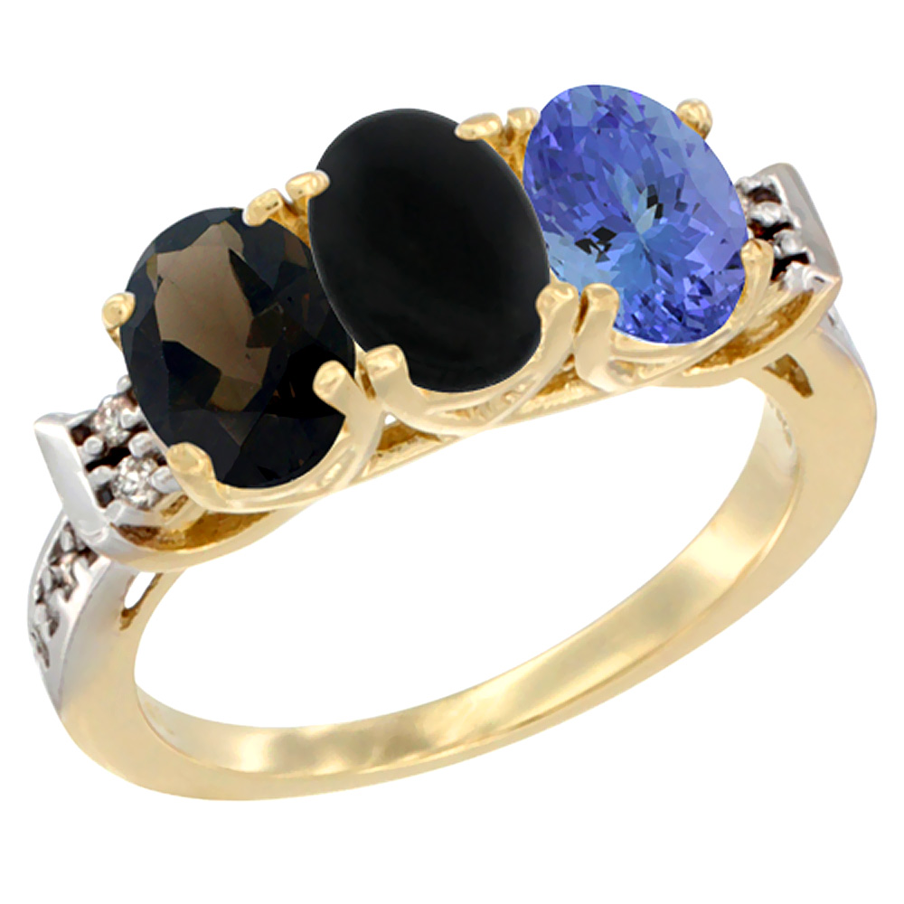 10K Yellow Gold Natural Smoky Topaz, Black Onyx & Tanzanite Ring 3-Stone Oval 7x5 mm Diamond Accent, sizes 5 - 10