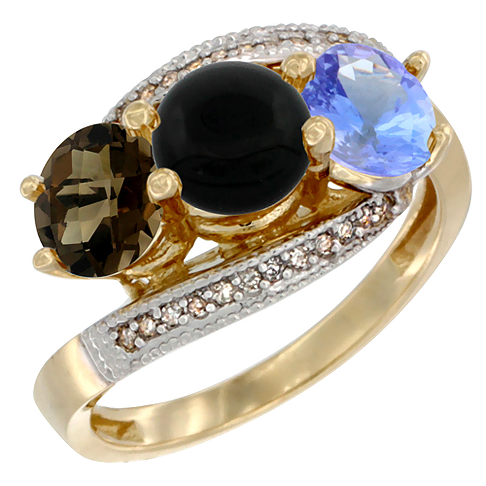 14K Yellow Gold Natural Smoky Topaz, Black Onyx & Tanzanite 3 stone Ring Round 6mm Diamond Accent, sizes 5 - 10