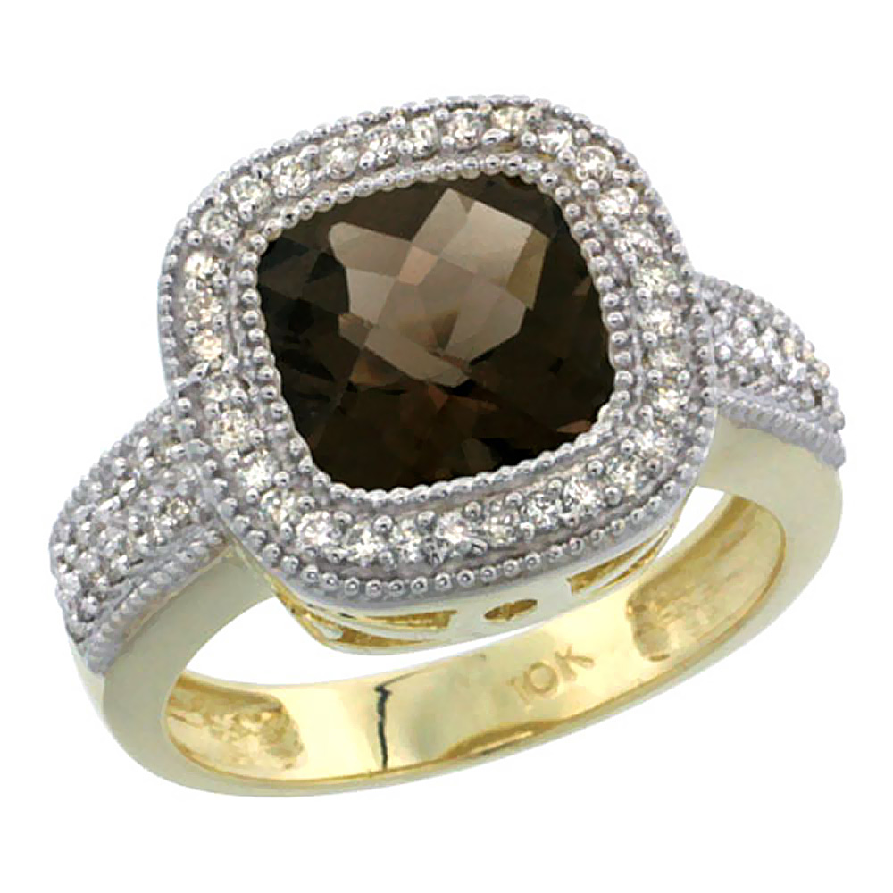 10K Yellow Gold Natural Smoky Topaz Ring Cushion-cut 9x9mm Diamond Accent, sizes 5-10