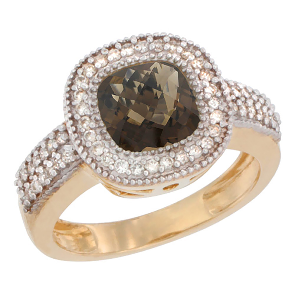 10K Yellow Gold Natural Smoky Topaz Ring Cushion-cut 7x7mm Diamond Accent, sizes 5-10