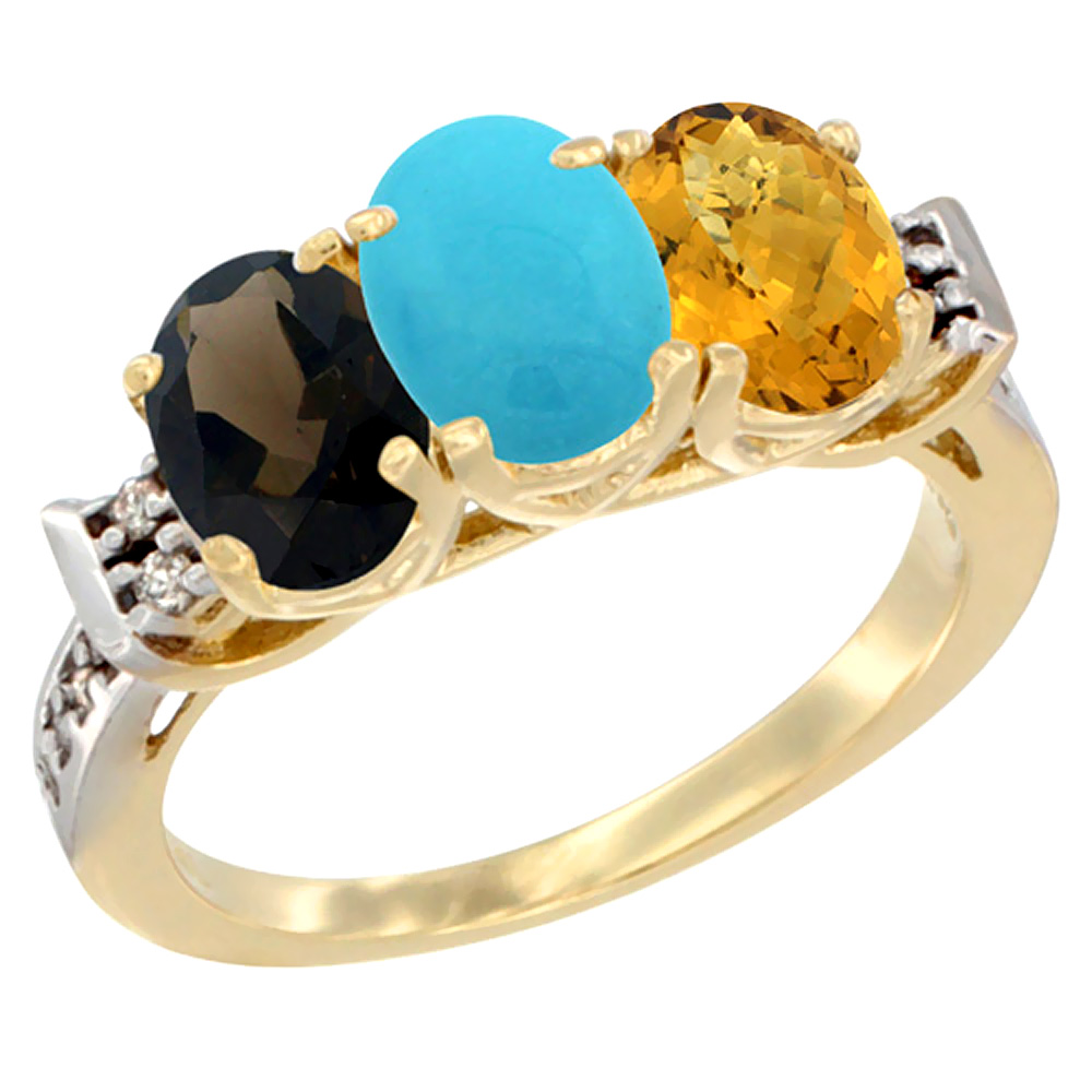 10K Yellow Gold Natural Smoky Topaz, Turquoise &amp; Whisky Quartz Ring 3-Stone Oval 7x5 mm Diamond Accent, sizes 5 - 10