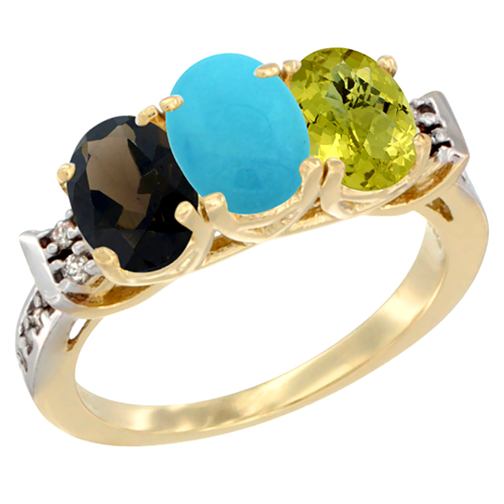 14K Yellow Gold Natural Smoky Topaz, Turquoise & Lemon Quartz Ring 3-Stone Oval 7x5 mm Diamond Accent, sizes 5 - 10