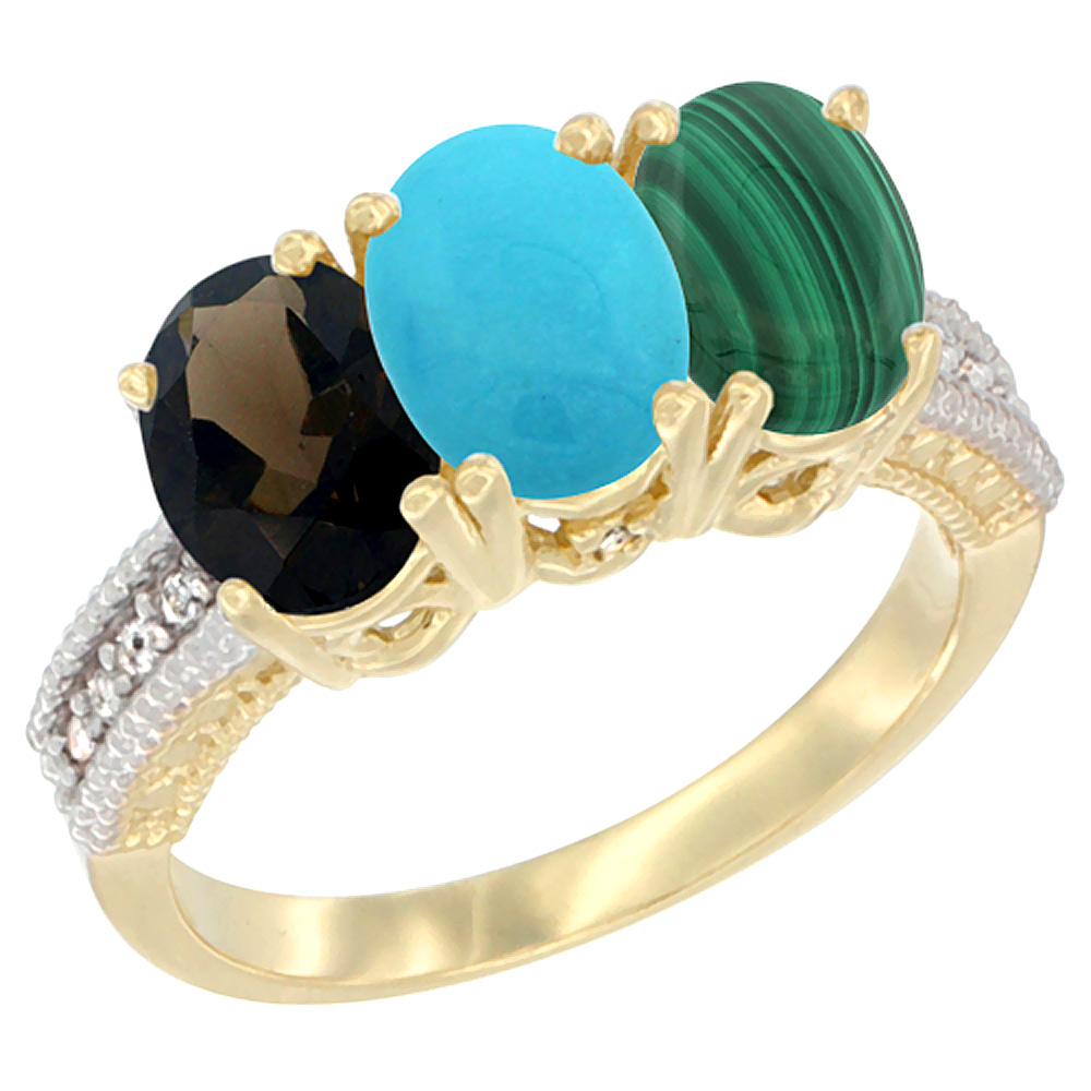 10K Yellow Gold Diamond Natural Smoky Topaz, Turquoise & Malachite Ring 3-Stone 7x5 mm Oval, sizes 5 - 10