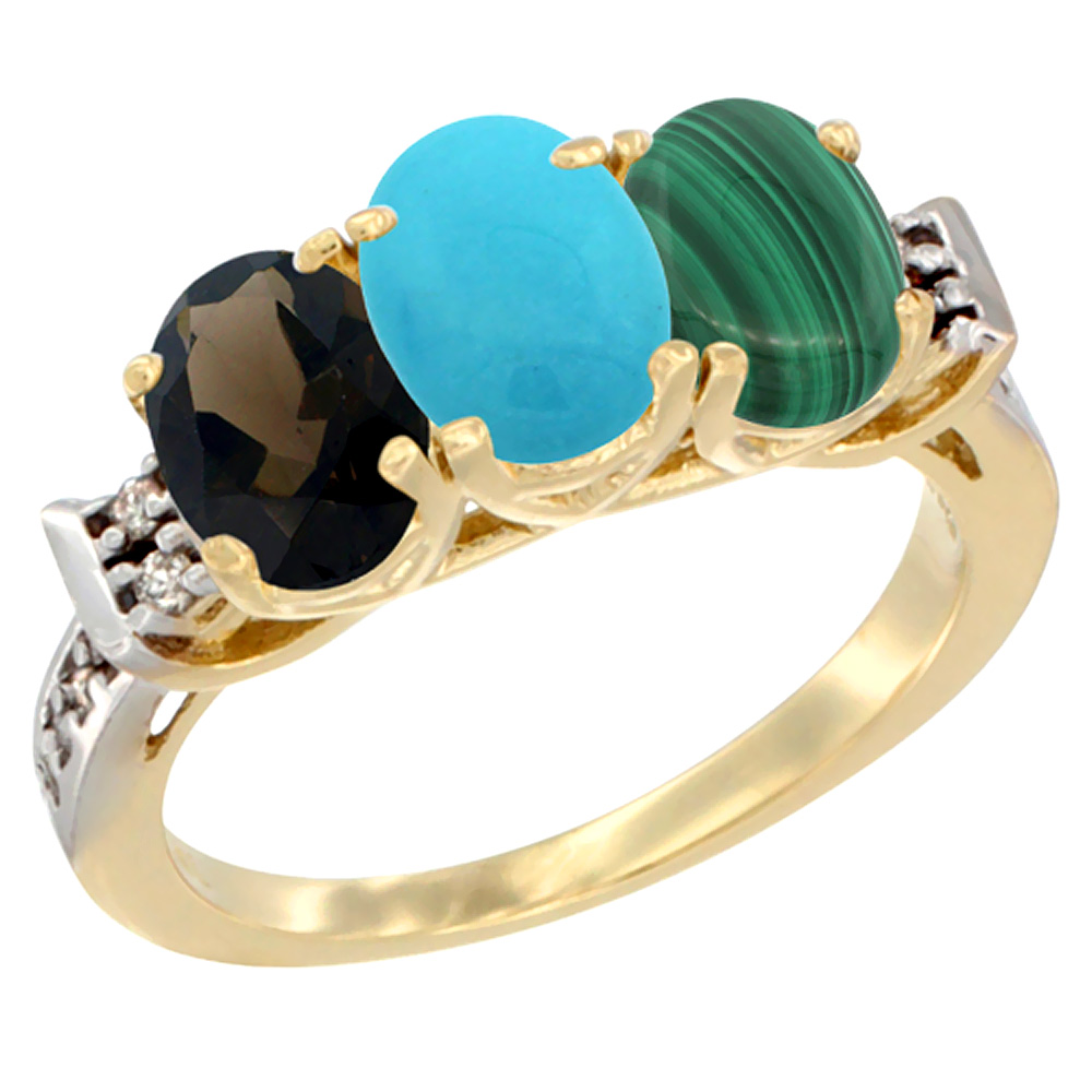 10K Yellow Gold Natural Smoky Topaz, Turquoise & Malachite Ring 3-Stone Oval 7x5 mm Diamond Accent, sizes 5 - 10