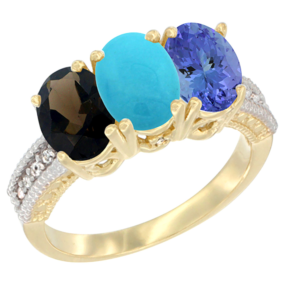 10K Yellow Gold Diamond Natural Smoky Topaz, Turquoise & Tanzanite Ring 3-Stone 7x5 mm Oval, sizes 5 - 10