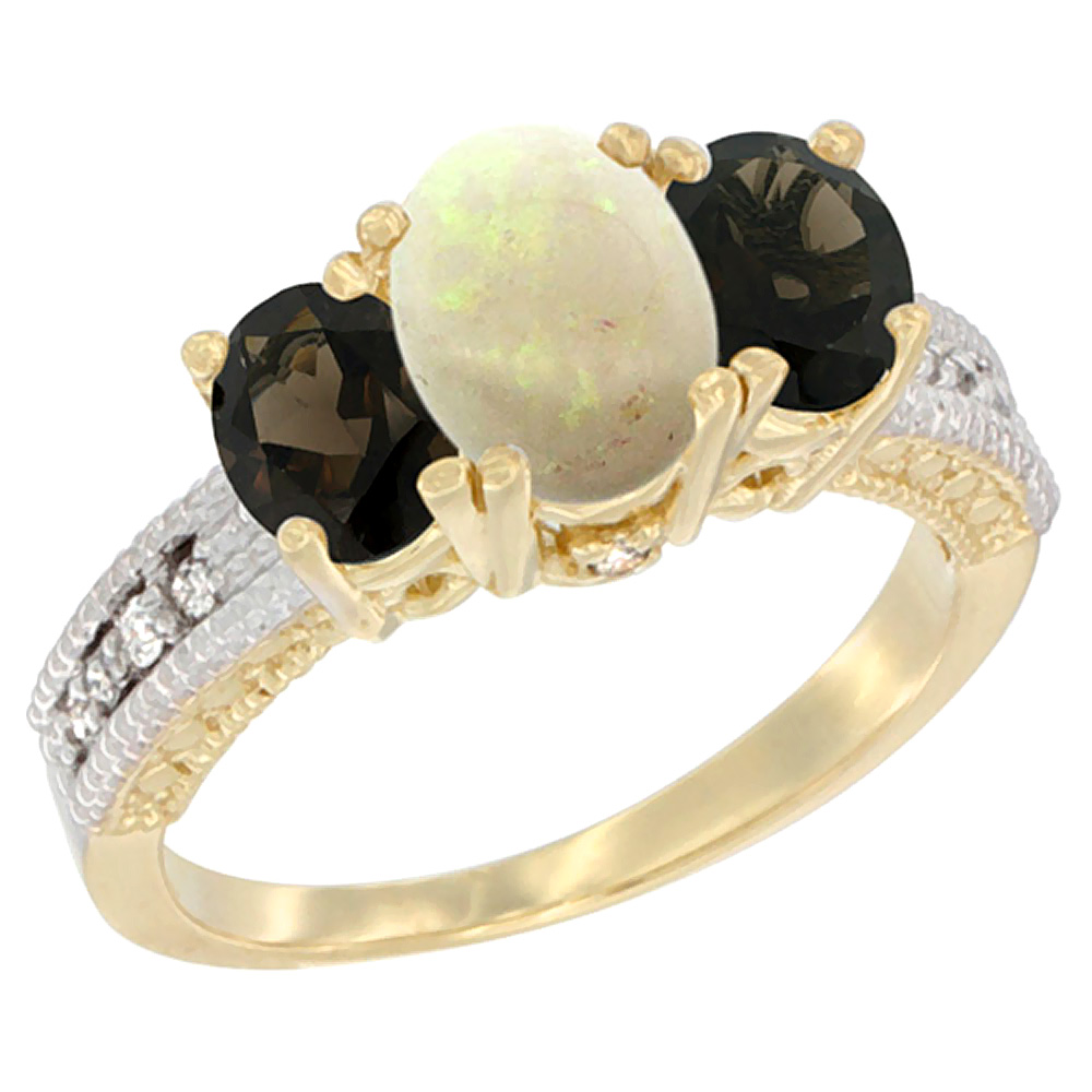 10K Yellow Gold Diamond Natural Opal Ring Oval 3-stone with Smoky Topaz, sizes 5 - 10