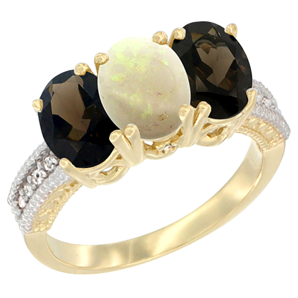 10K Yellow Gold Diamond Natural Opal &amp; Smoky Topaz Ring 3-Stone 7x5 mm Oval, sizes 5 - 10