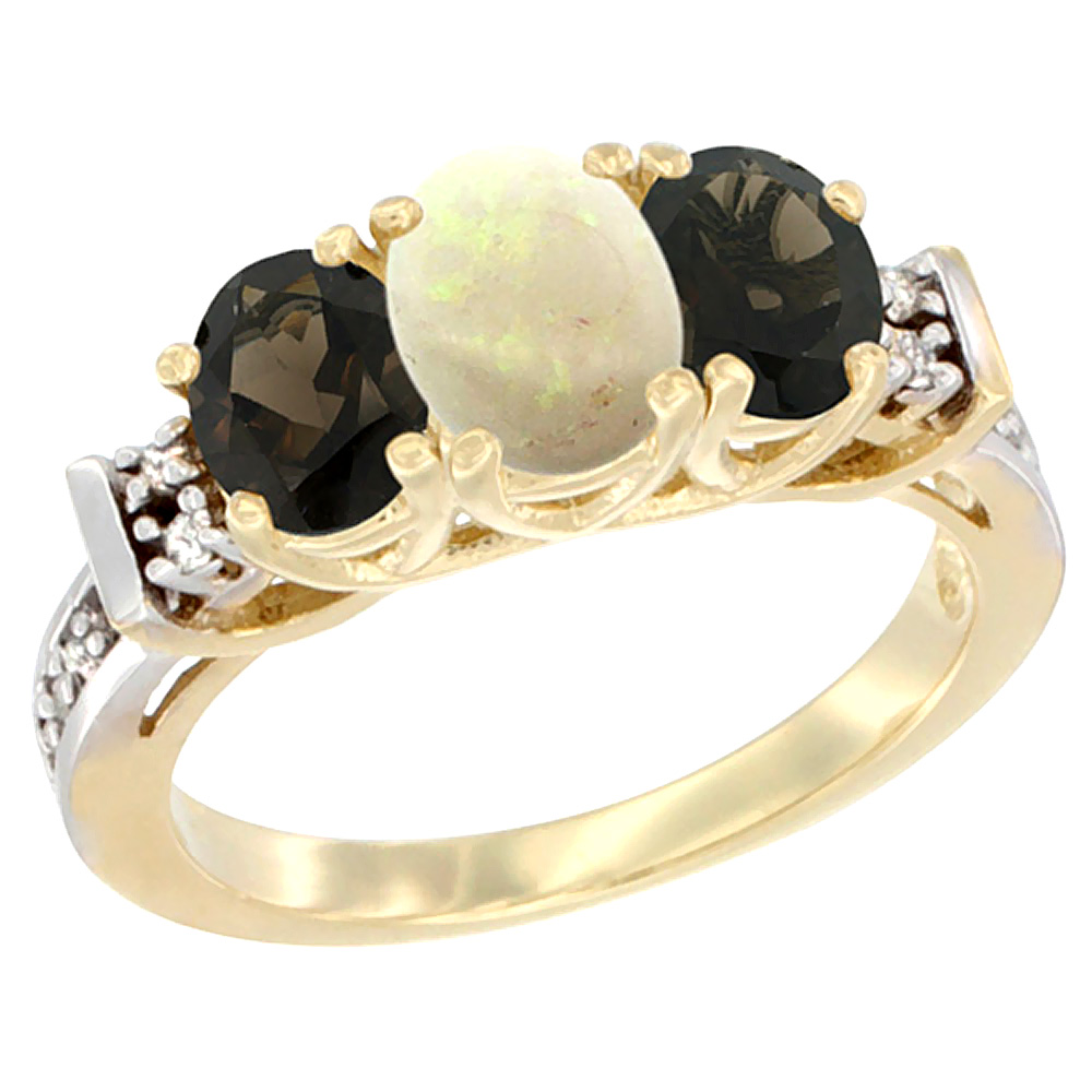 10K Yellow Gold Natural Opal & Smoky Topaz Ring 3-Stone Oval Diamond Accent