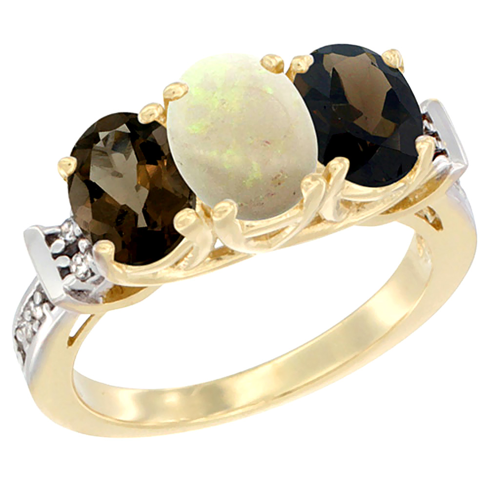 10K Yellow Gold Natural Opal & Smoky Topaz Sides Ring 3-Stone Oval Diamond Accent, sizes 5 - 10
