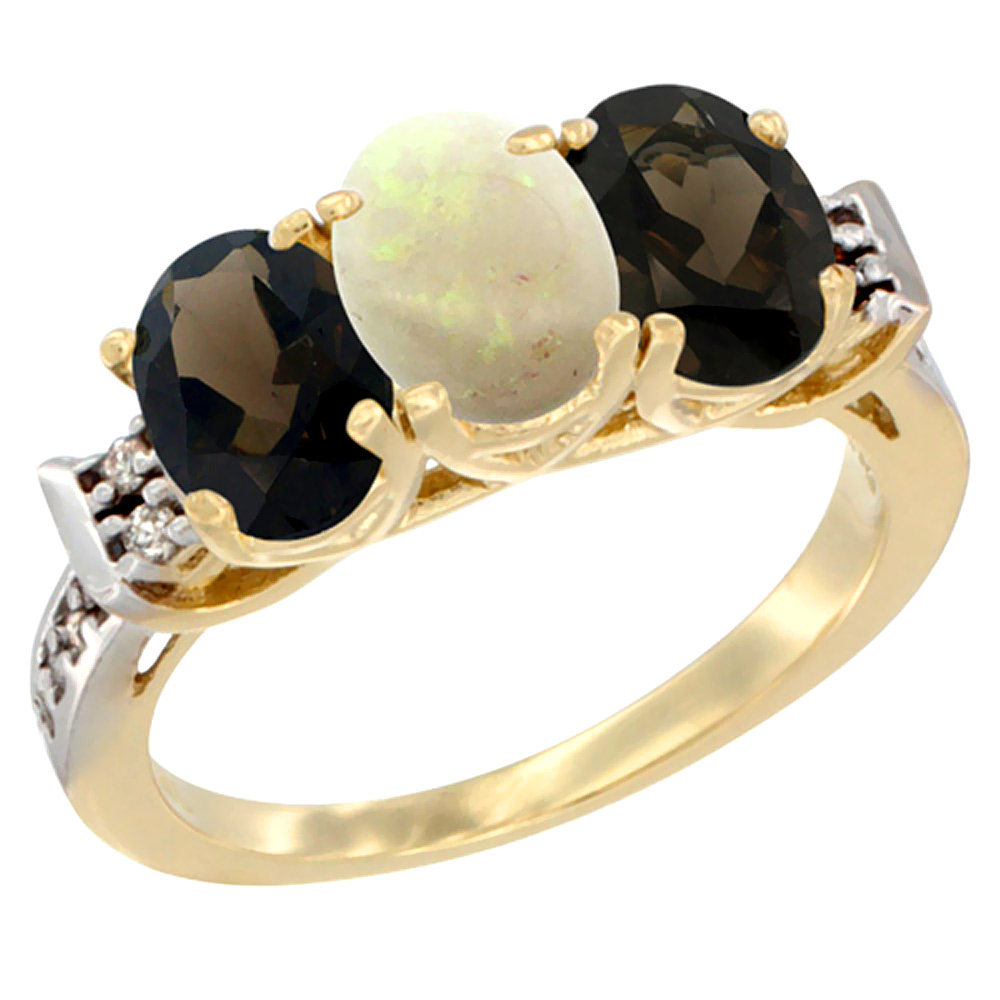 10K Yellow Gold Natural Opal & Smoky Topaz Sides Ring 3-Stone Oval 7x5 mm Diamond Accent, sizes 5 - 10