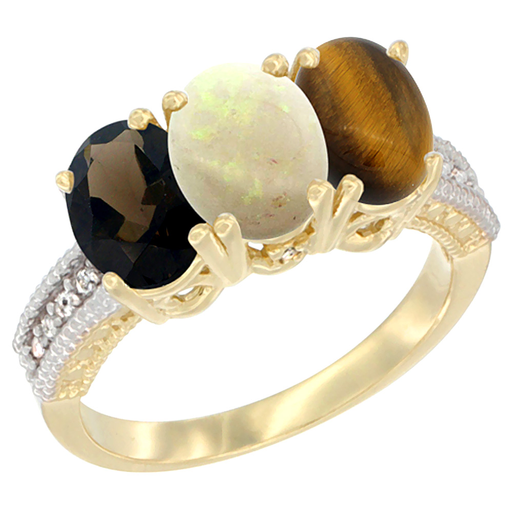 14K Yellow Gold Natural Smoky Topaz, Opal & Tiger Eye Ring 3-Stone 7x5 mm Oval Diamond Accent, sizes 5 - 10