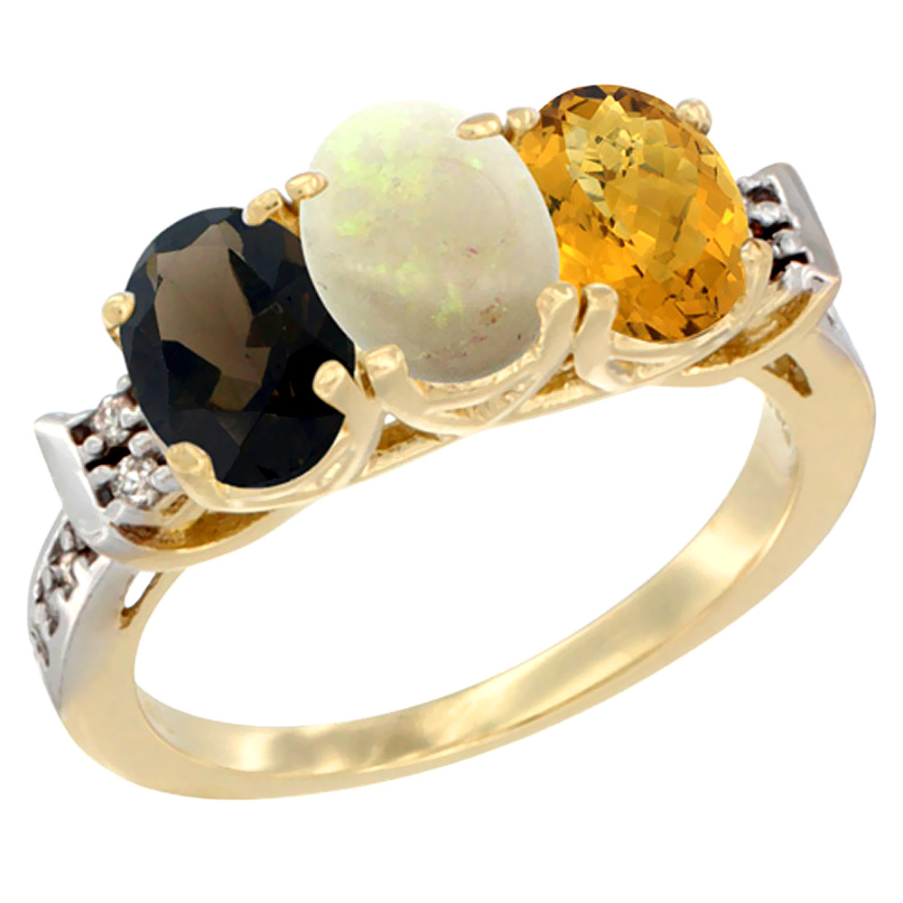 14K Yellow Gold Natural Smoky Topaz, Opal & Whisky Quartz Ring 3-Stone Oval 7x5 mm Diamond Accent, sizes 5 - 10