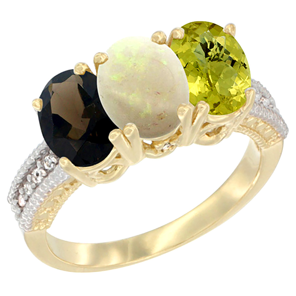 10K Yellow Gold Diamond Natural Smoky Topaz, Opal &amp; Lemon Quartz Ring 3-Stone 7x5 mm Oval, sizes 5 - 10