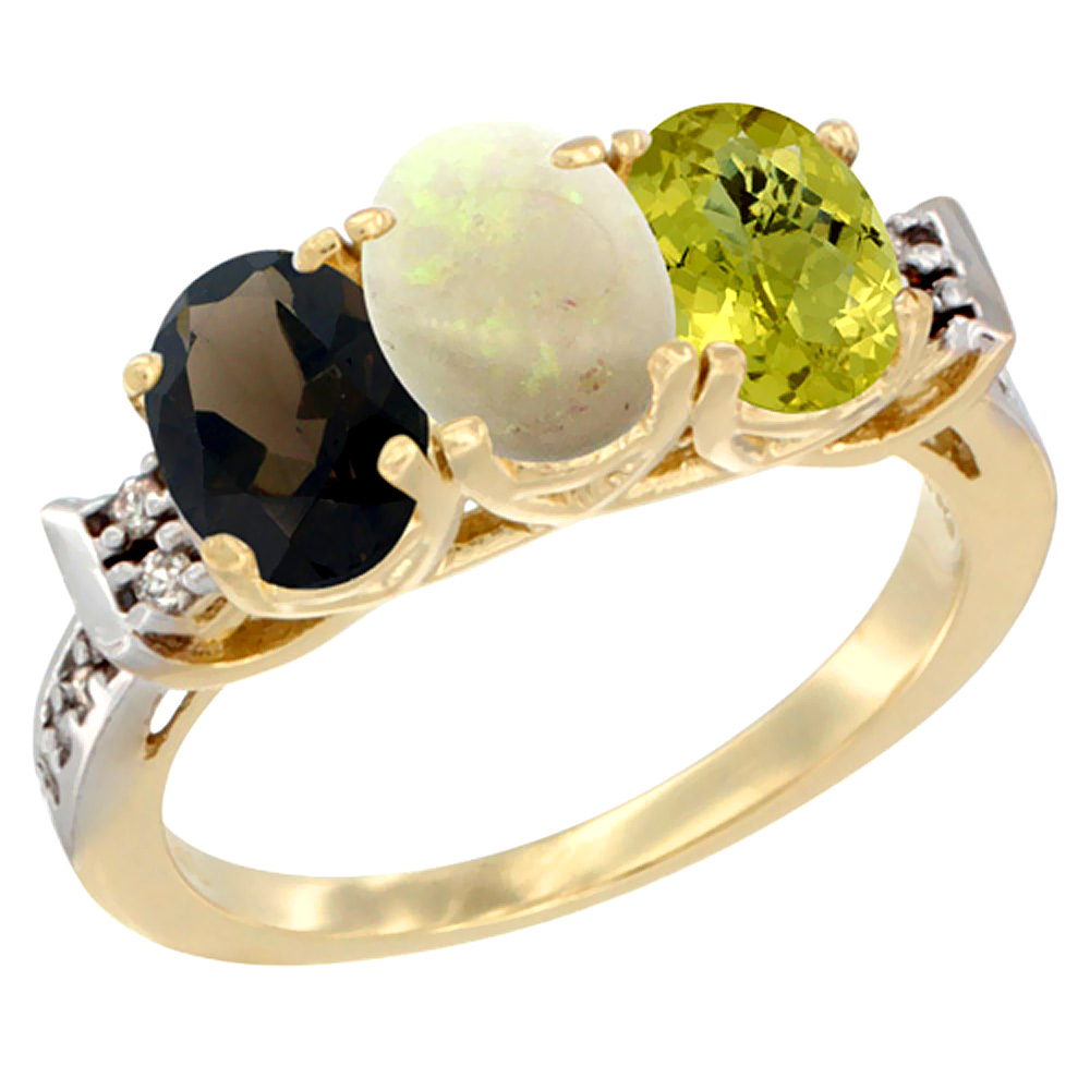 10K Yellow Gold Natural Smoky Topaz, Opal & Lemon Quartz Ring 3-Stone Oval 7x5 mm Diamond Accent, sizes 5 - 10