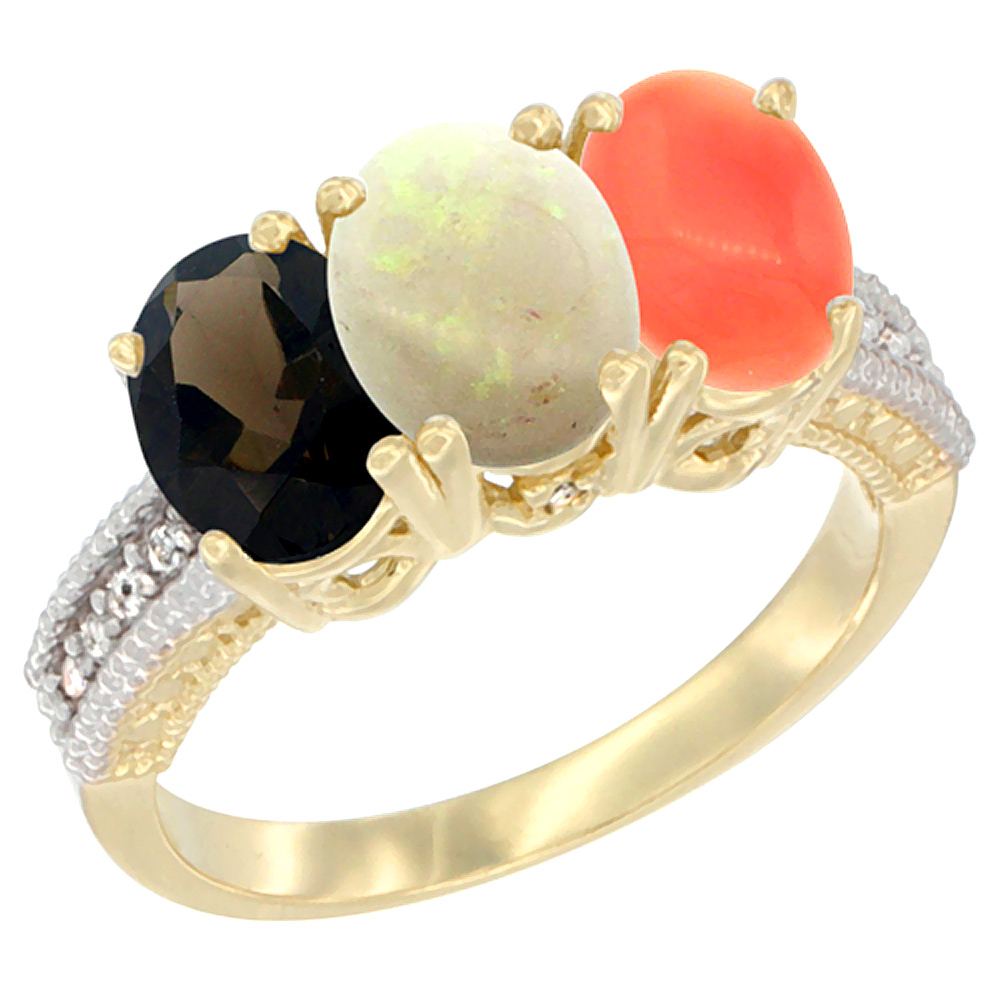10K Yellow Gold Diamond Natural Smoky Topaz, Opal &amp; Coral Ring 3-Stone 7x5 mm Oval, sizes 5 - 10