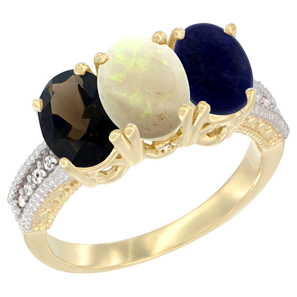 10K Yellow Gold Diamond Natural Smoky Topaz, Opal & Lapis Ring 3-Stone 7x5 mm Oval, sizes 5 - 10