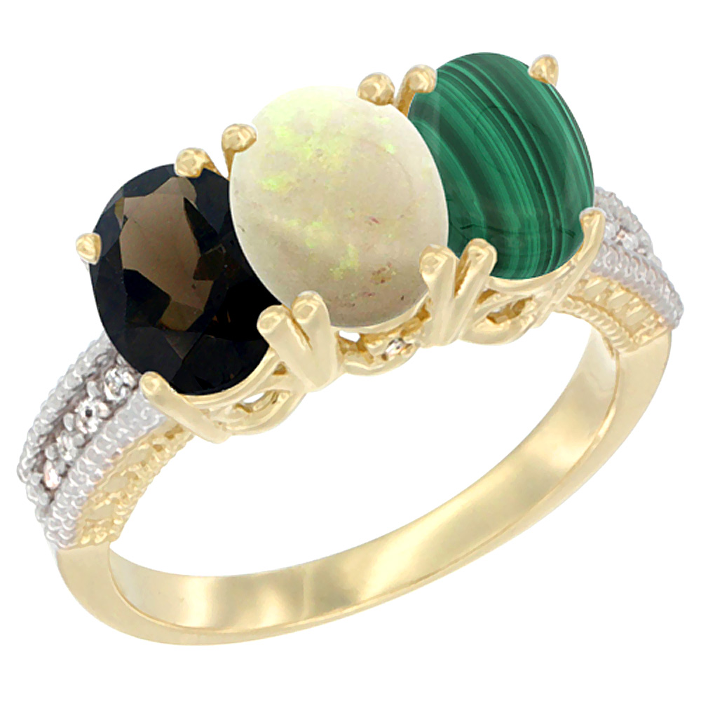 10K Yellow Gold Diamond Natural Smoky Topaz, Opal &amp; Malachite Ring 3-Stone 7x5 mm Oval, sizes 5 - 10