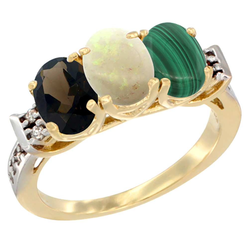 10K Yellow Gold Natural Smoky Topaz, Opal & Malachite Ring 3-Stone Oval 7x5 mm Diamond Accent, sizes 5 - 10