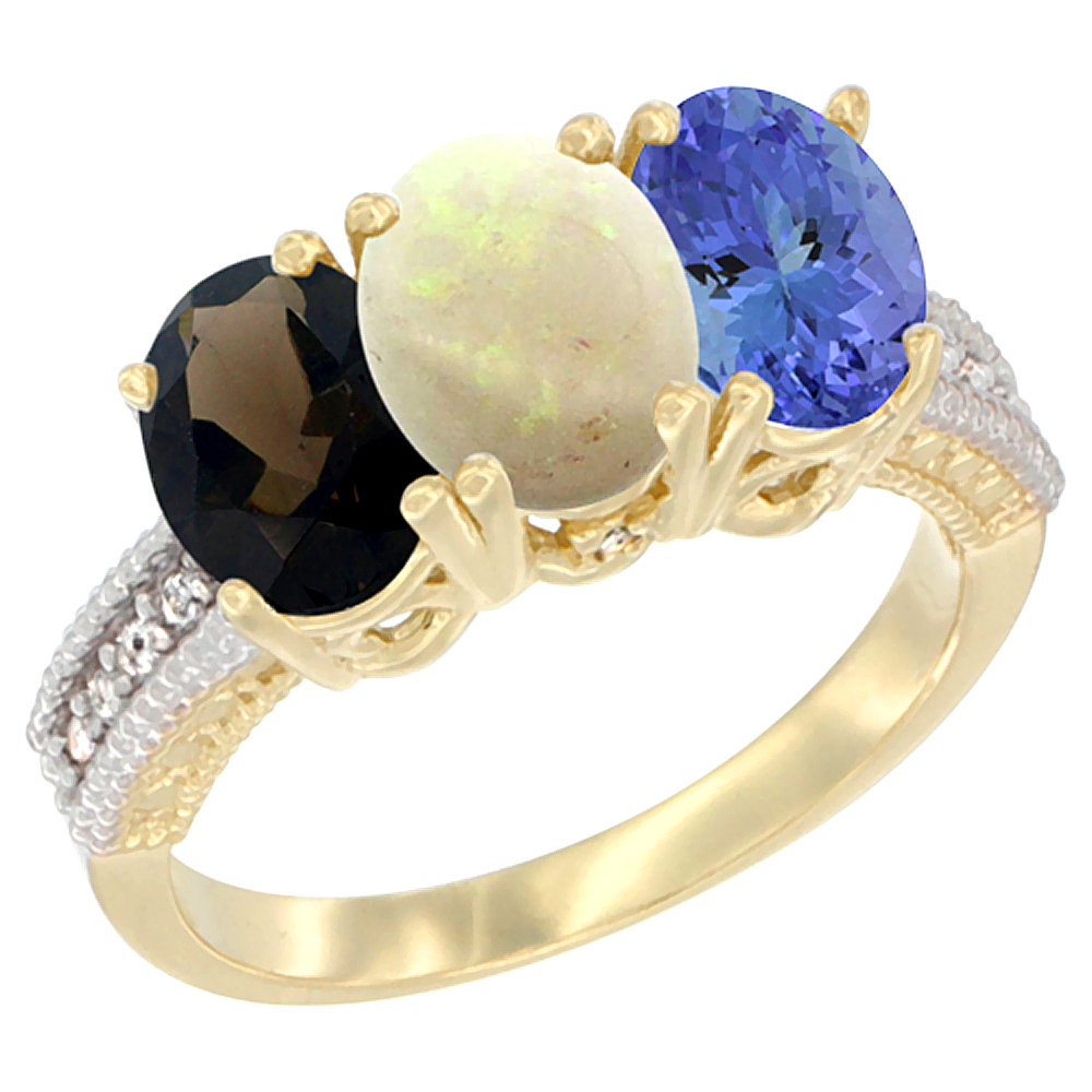 10K Yellow Gold Diamond Natural Smoky Topaz, Opal & Tanzanite Ring 3-Stone 7x5 mm Oval, sizes 5 - 10