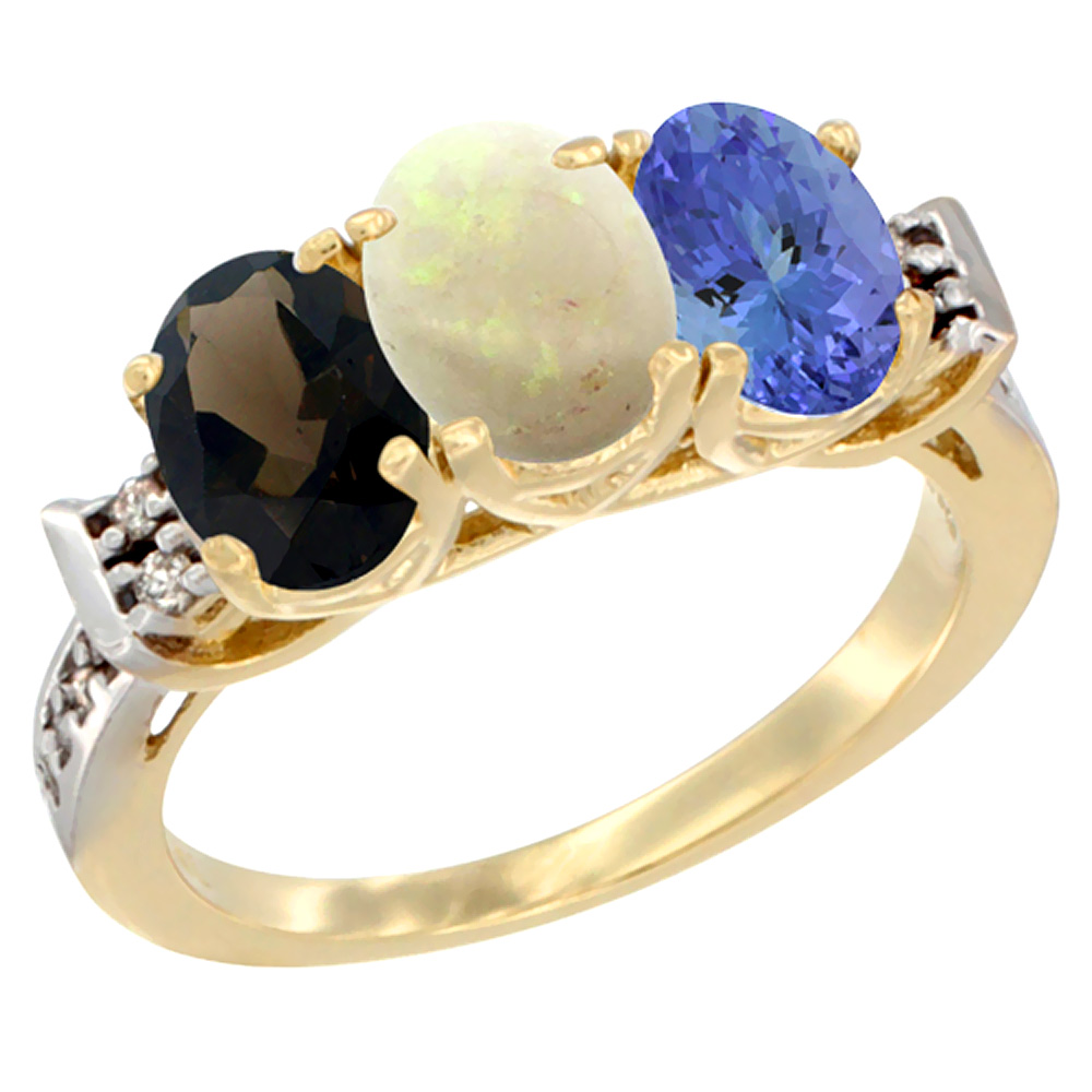 10K Yellow Gold Natural Smoky Topaz, Opal & Tanzanite Ring 3-Stone Oval 7x5 mm Diamond Accent, sizes 5 - 10